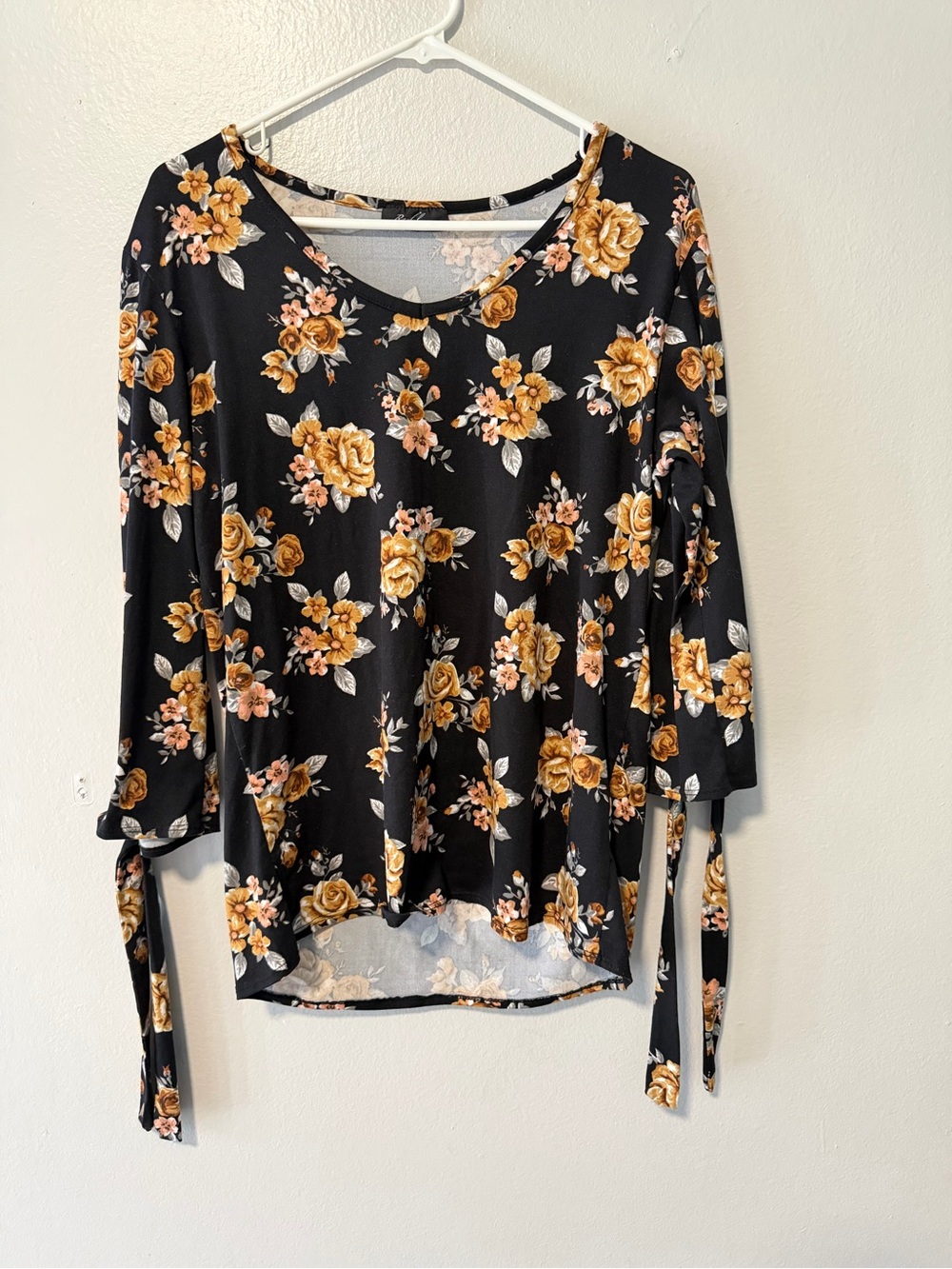 Rachel Black Floral Tie-Sleeve Long Sleeve Top